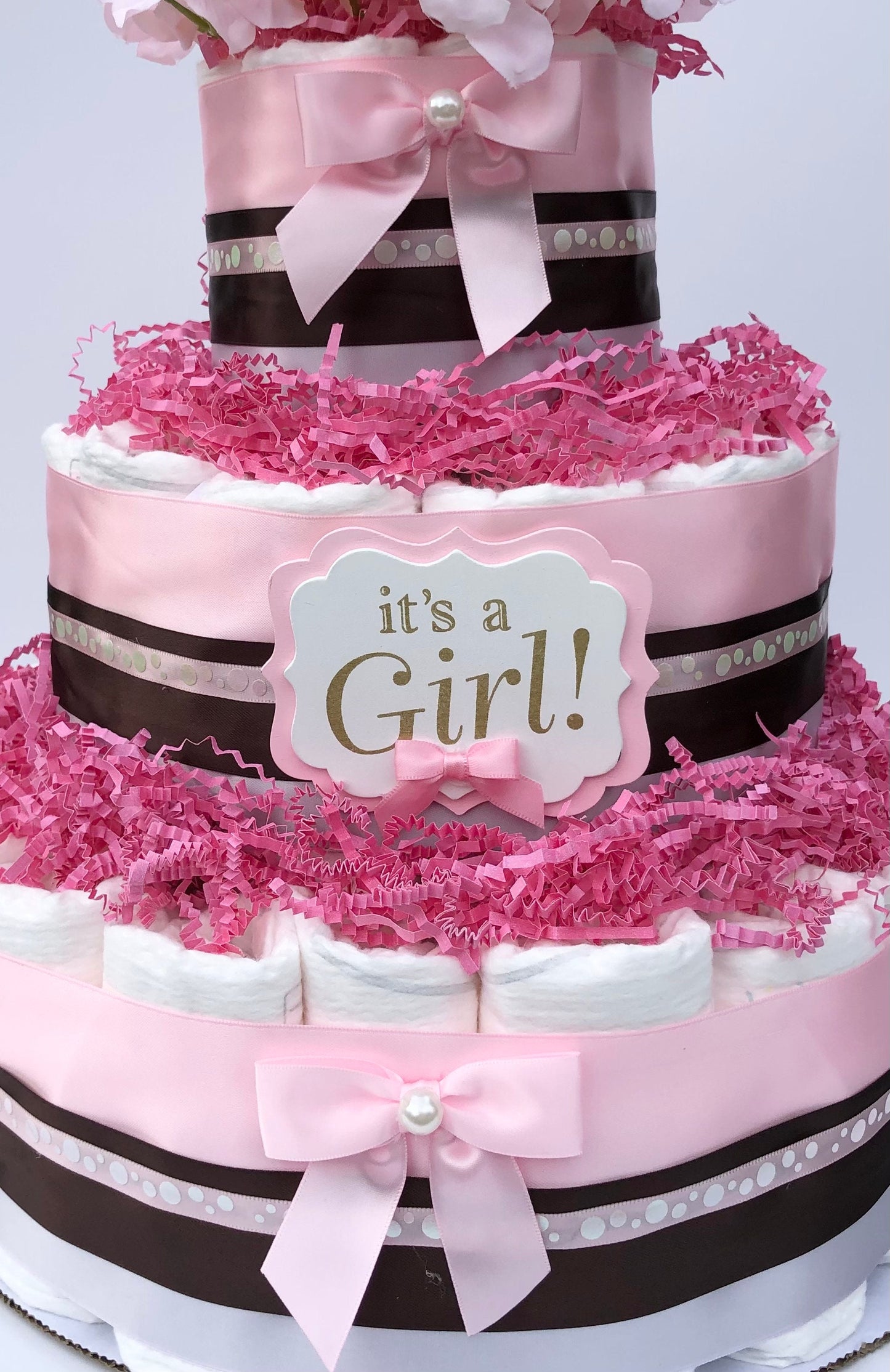 Diaper Cake 3 Tier, Pastel Pink/Brown Style, Baby Girl, Baby Shower Centerpiece Decor Gift, Neutral,Practical Handmade Gift