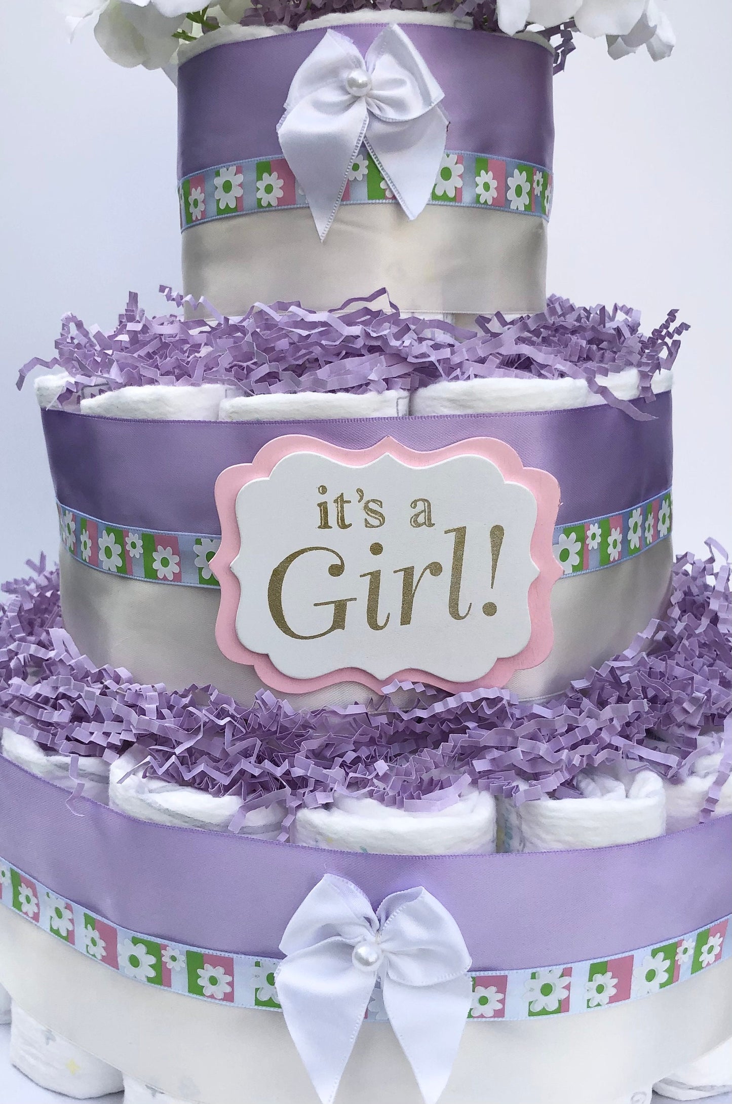 Diaper Cake 3 Tier,Lavender Style, Baby Girl, Baby Shower Centerpiece Decor Gift, Neutral, Practical Handmade Gift