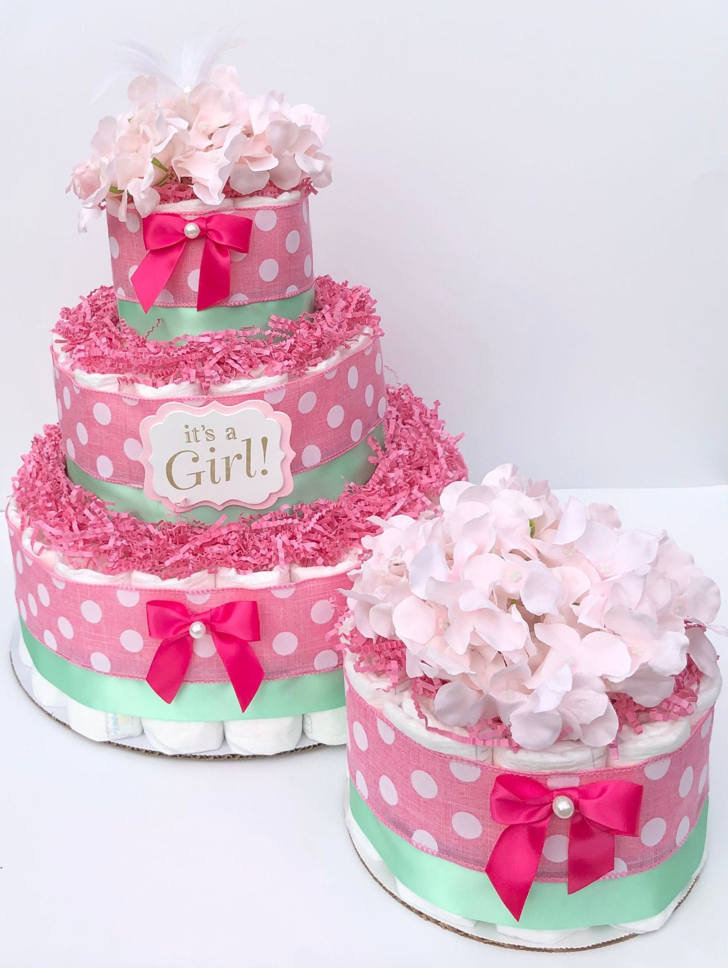 Diaper Cake 3 Tier, Polka Dot/ Classic Style, Baby Girl, Baby Shower Centerpiece Decor Gift, Neutral, Practical Handmade Gift
