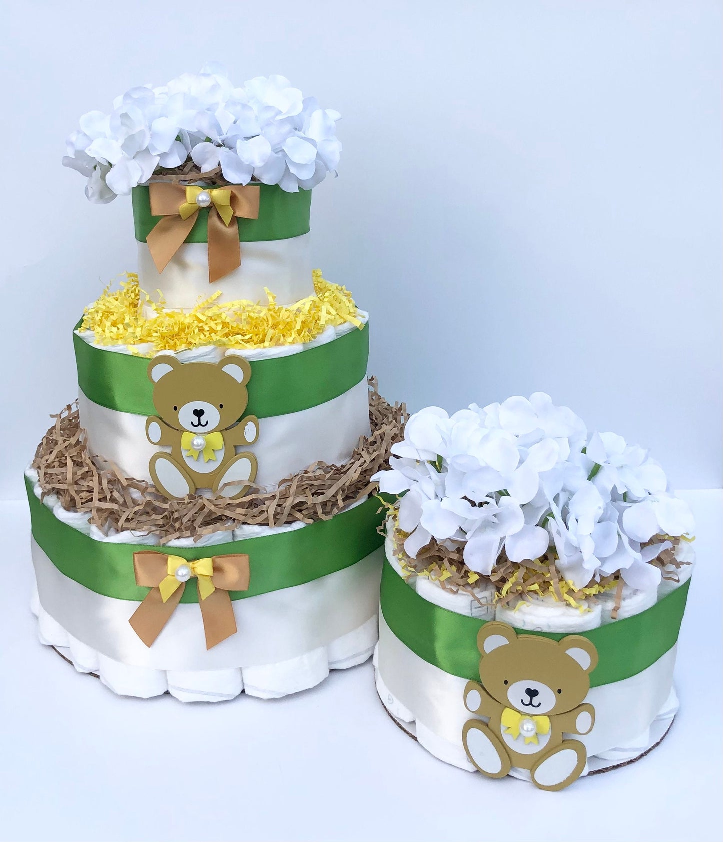 Diaper Cake 3 Tier, Teddy Bear Style, Unisex, Neutral,Baby Shower Centerpiece Decor Gift, Practical Handmade Gift