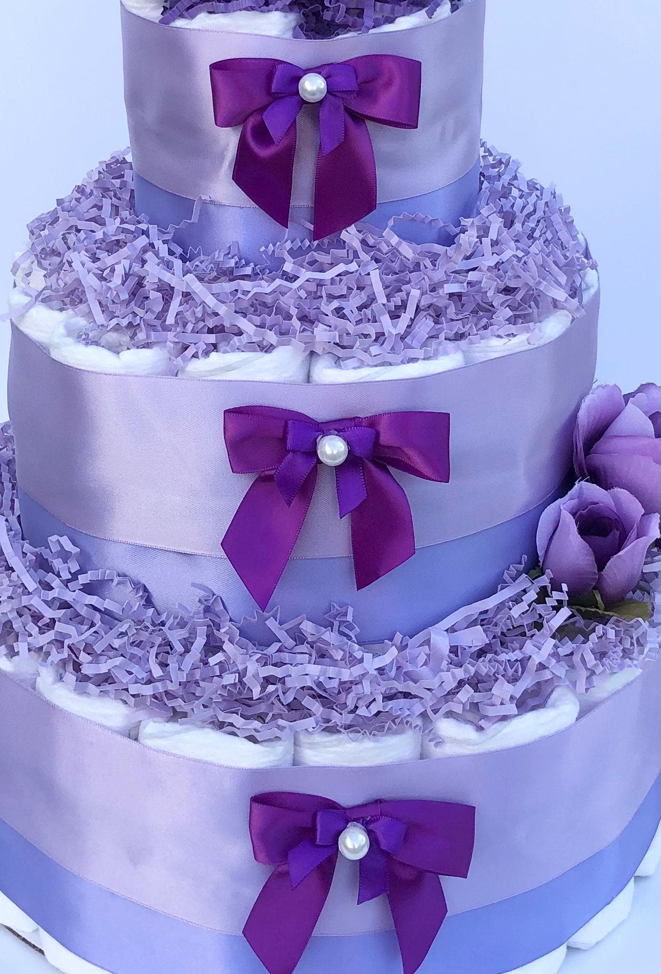 Diaper Cake 3 Tier, Violet Style, Baby Girl, Baby Shower Centerpiece Decor Gift,Neutral, Practical Handmade Gift