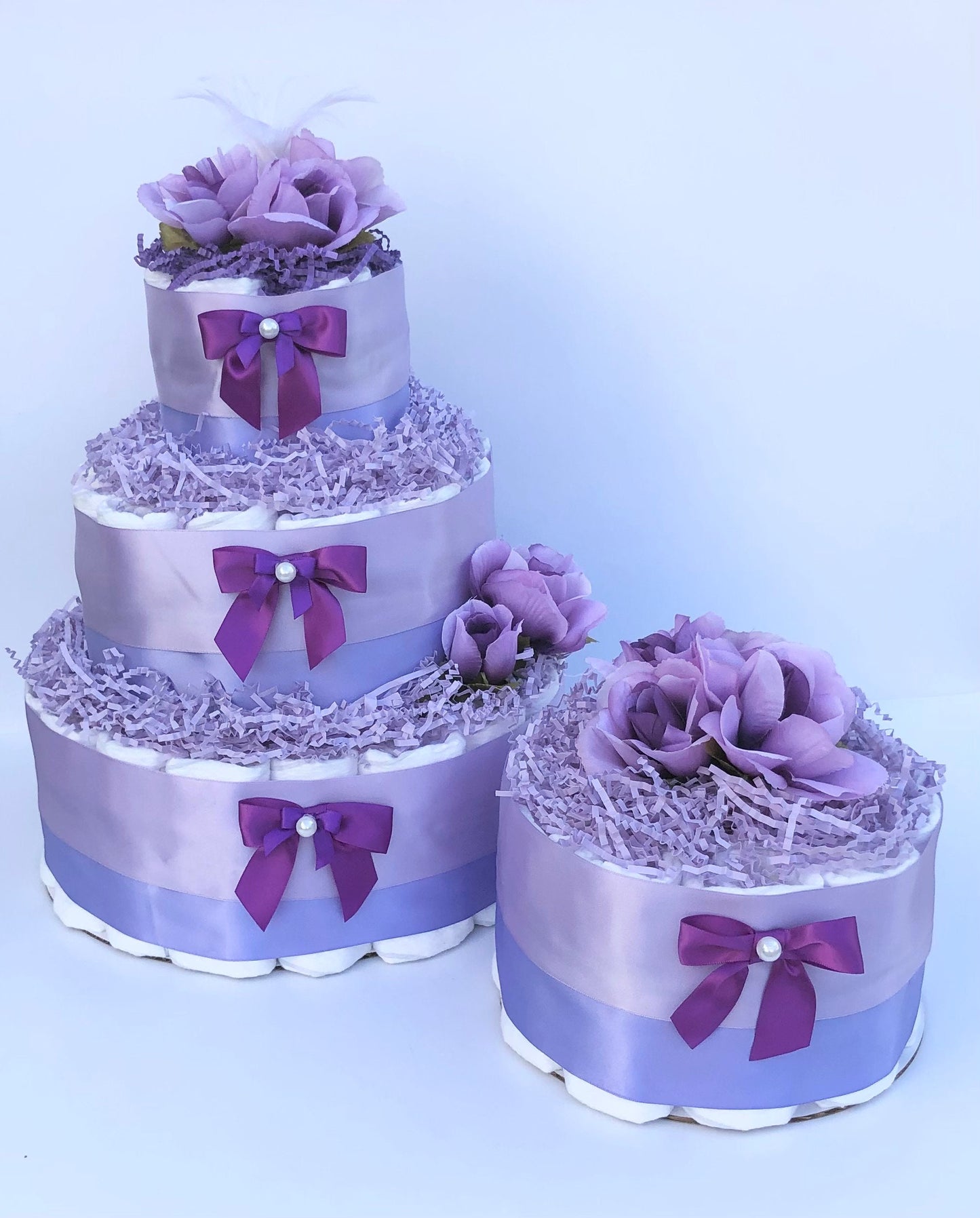Diaper Cake 3 Tier, Violet Style, Baby Girl, Baby Shower Centerpiece Decor Gift,Neutral, Practical Handmade Gift
