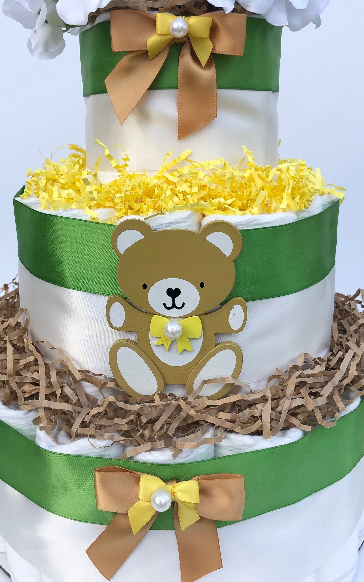 Diaper Cake 3 Tier, Teddy Bear Style, Unisex, Neutral,Baby Shower Centerpiece Decor Gift, Practical Handmade Gift