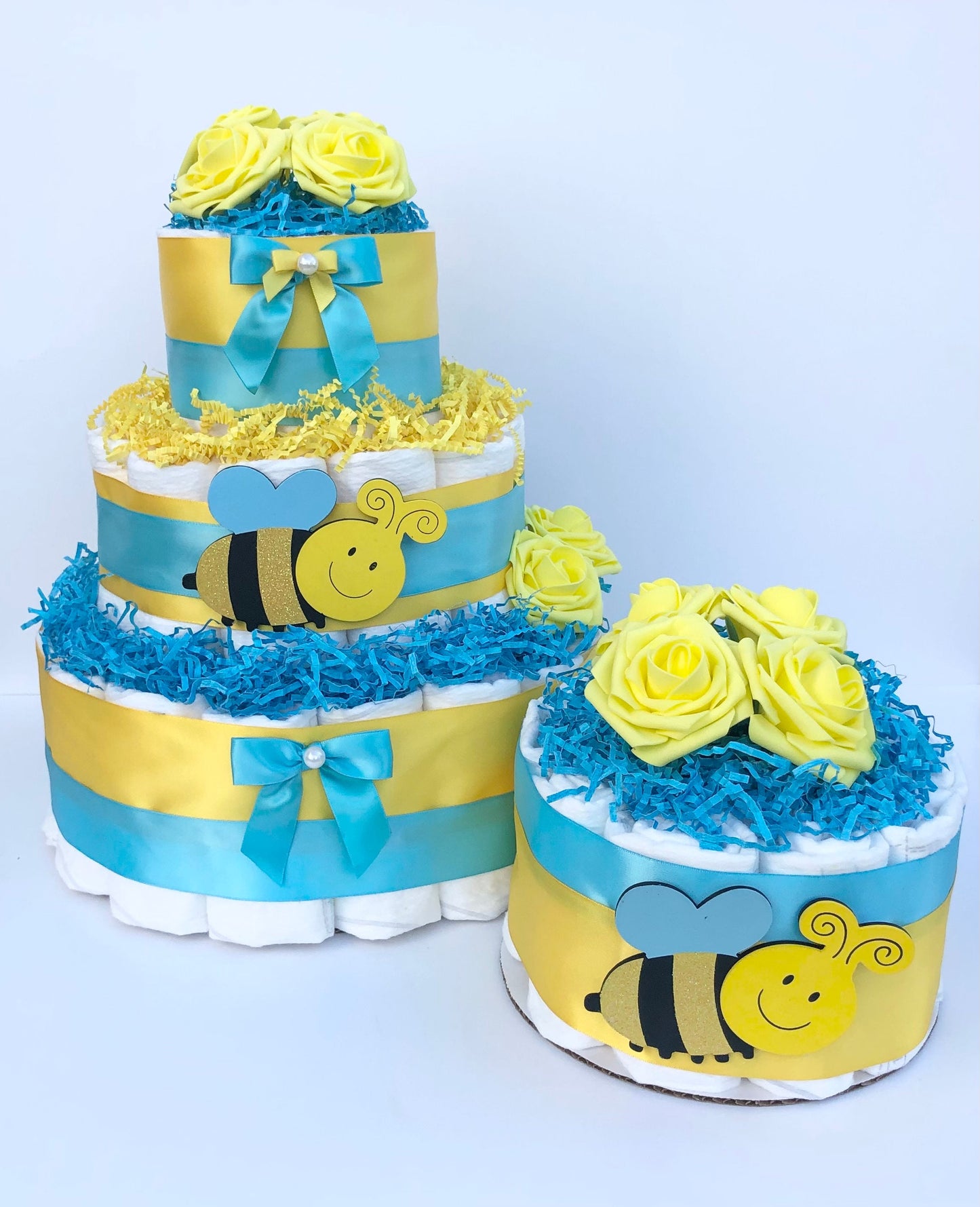 Diaper Cake 1 Tier, Bumble Bee Style, Unisex, Neutral, Baby Shower Centerpiece Decor Gift, Practical Handmade Gift