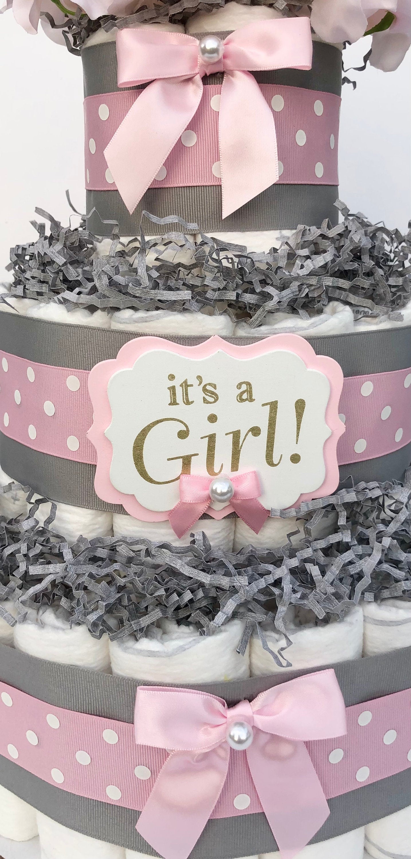 Diaper Cake 3 Tier, Pastel Polka Dot Style, Baby Girl, Shower Centerpiece Decor Gift,Neutral,Practical Handmade Gift