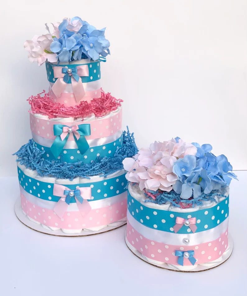 Diaper Cake 1 Tier, Gender Reveal,Pastel /Polka Dot Style,Unisex, Baby Shower Centerpiece Decor Gift, Neutral, Practical Handmade Gift