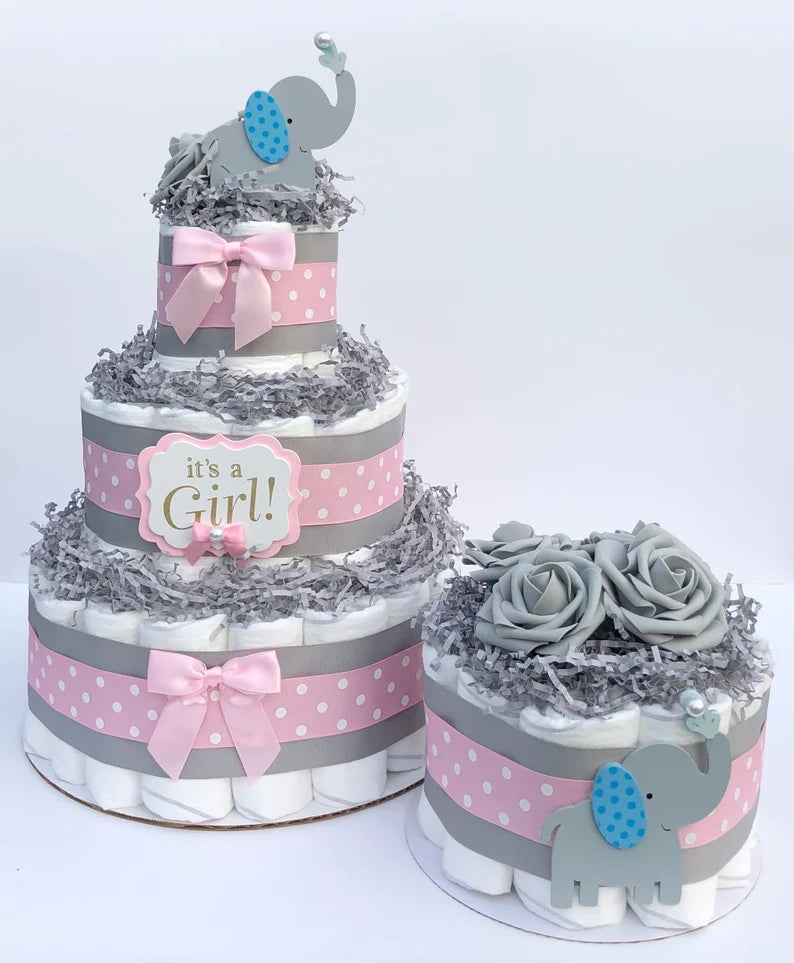Diaper Cake 1 Tier, Elephant /Jungle Style, Unisex,Baby Shower Centerpiece Decor Gift, Neutral, Practical Handmade Gift