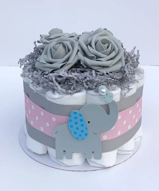 Diaper Cake 1 Tier, Elephant /Jungle Style, Unisex,Baby Shower Centerpiece Decor Gift, Neutral, Practical Handmade Gift