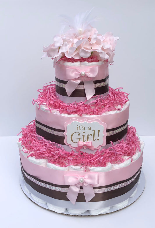 Diaper Cake 3 Tier, Pastel Pink/Brown Style, Baby Girl, Baby Shower Centerpiece Decor Gift, Neutral,Practical Handmade Gift