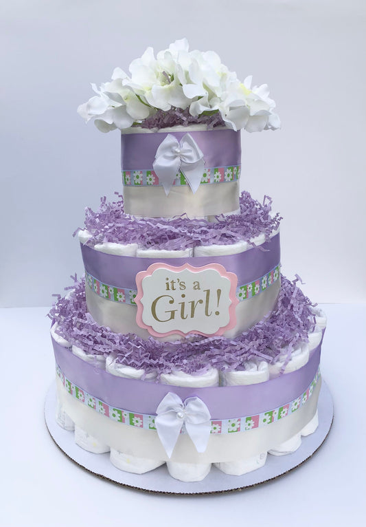 Diaper Cake 3 Tier,Lavender Style, Baby Girl, Baby Shower Centerpiece Decor Gift, Neutral, Practical Handmade Gift