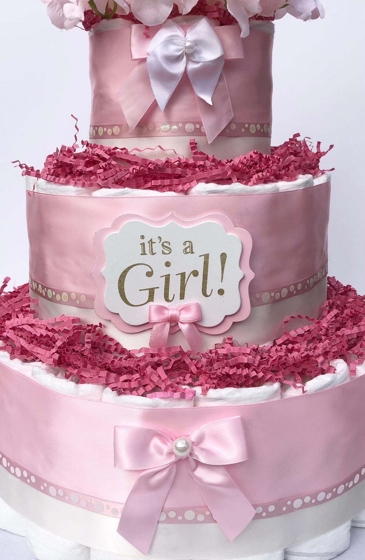 Diaper Cake 3 Tier, Pastel Pink Style,Baby Girl, Baby Shower Centerpiece Decor Gift,Neutral, Practical Handmade Gift