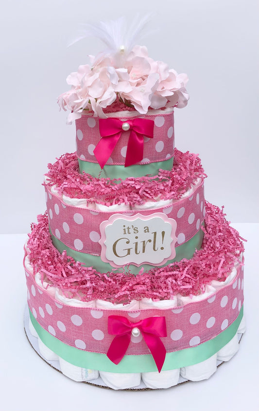 Diaper Cake 3 Tier, Polka Dot/ Classic Style, Baby Girl, Baby Shower Centerpiece Decor Gift, Neutral, Practical Handmade Gift