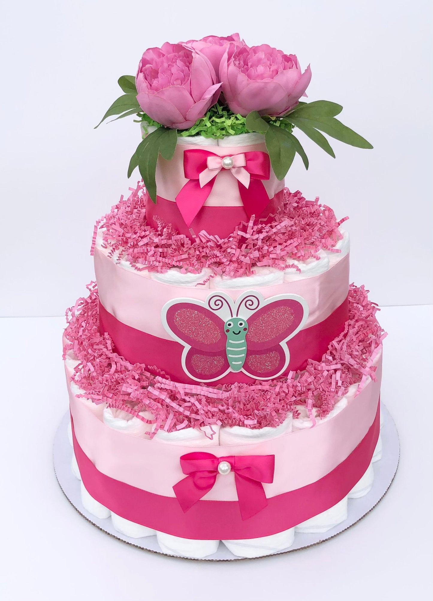 Diaper Cake 3 Tier, Butterfly Style, Baby Girl,Baby Shower Centerpiece Decor Gift, Neutral, Practical Handmade Gift