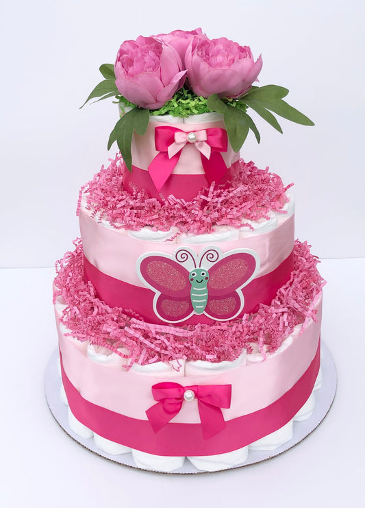 Diaper Cake 3 Tier, Butterfly Style, Baby Girl,Baby Shower Centerpiece Decor Gift, Neutral, Practical Handmade Gift