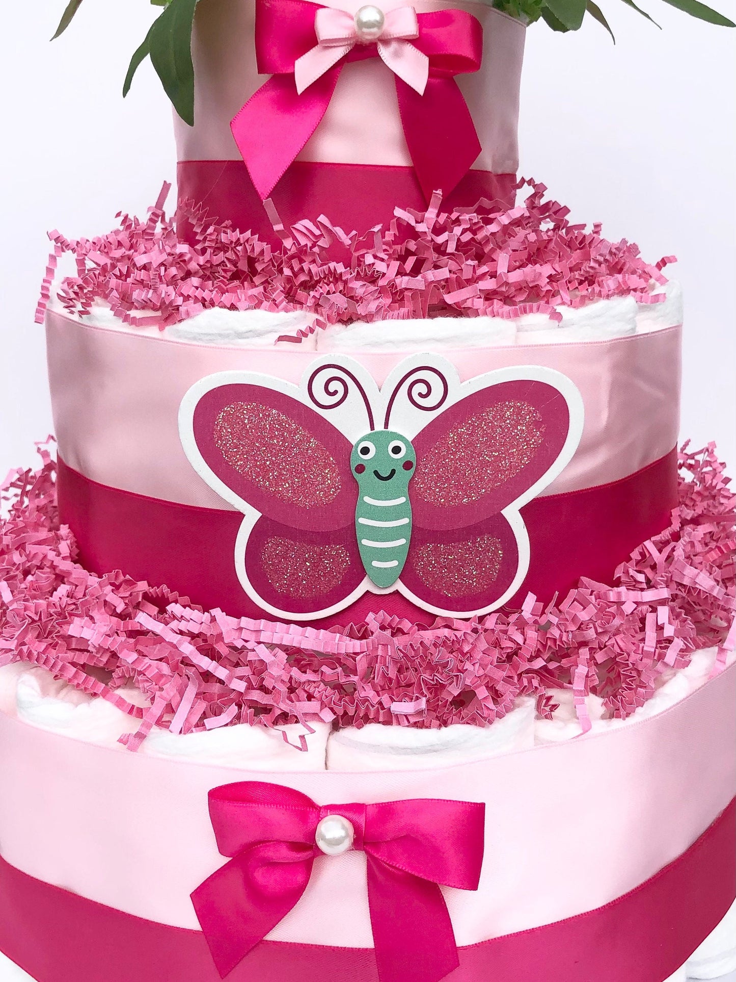 Diaper Cake 3 Tier, Butterfly Style, Baby Girl,Baby Shower Centerpiece Decor Gift, Neutral, Practical Handmade Gift