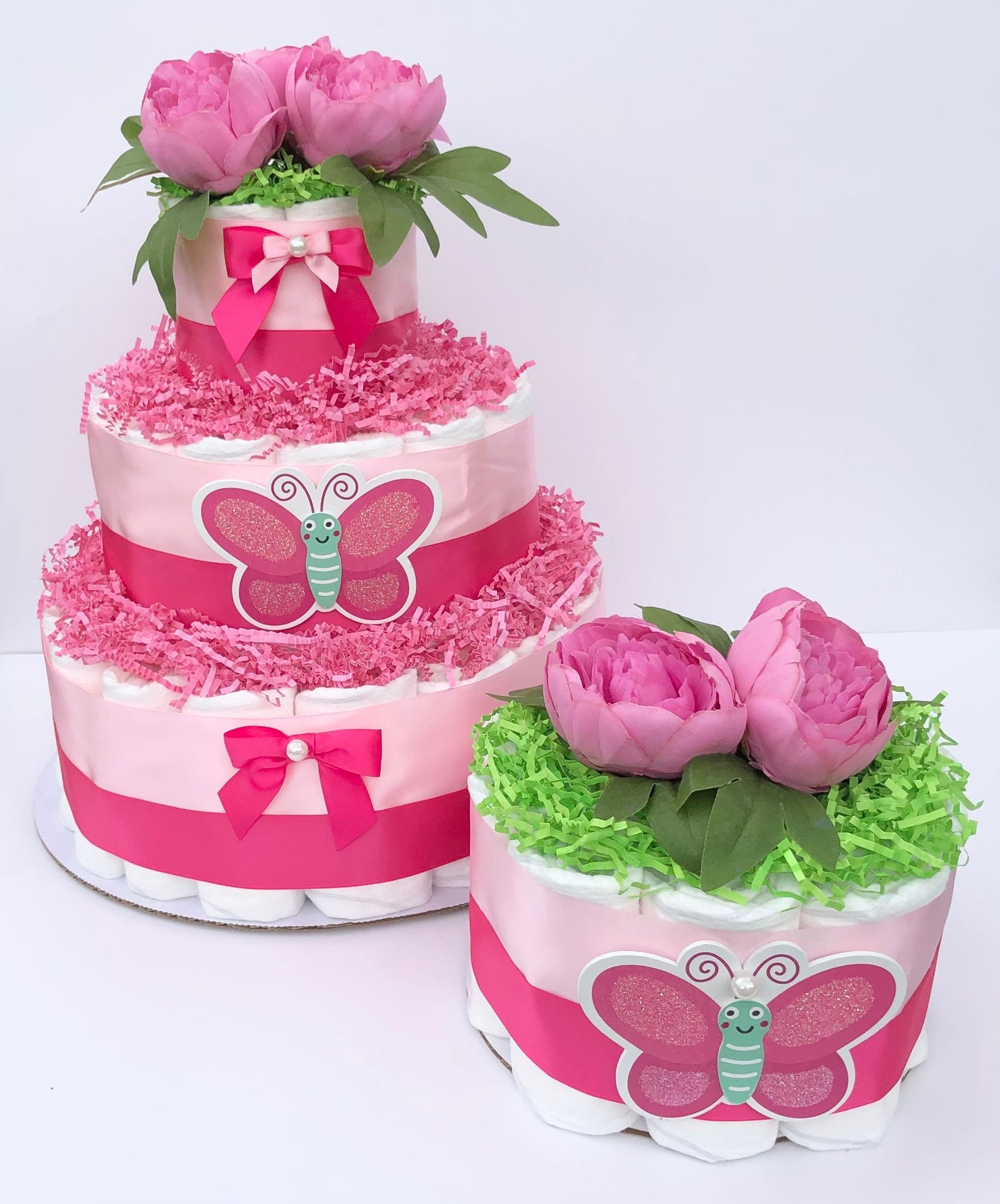 Diaper Cake 3 Tier, Butterfly Style, Baby Girl,Baby Shower Centerpiece Decor Gift, Neutral, Practical Handmade Gift