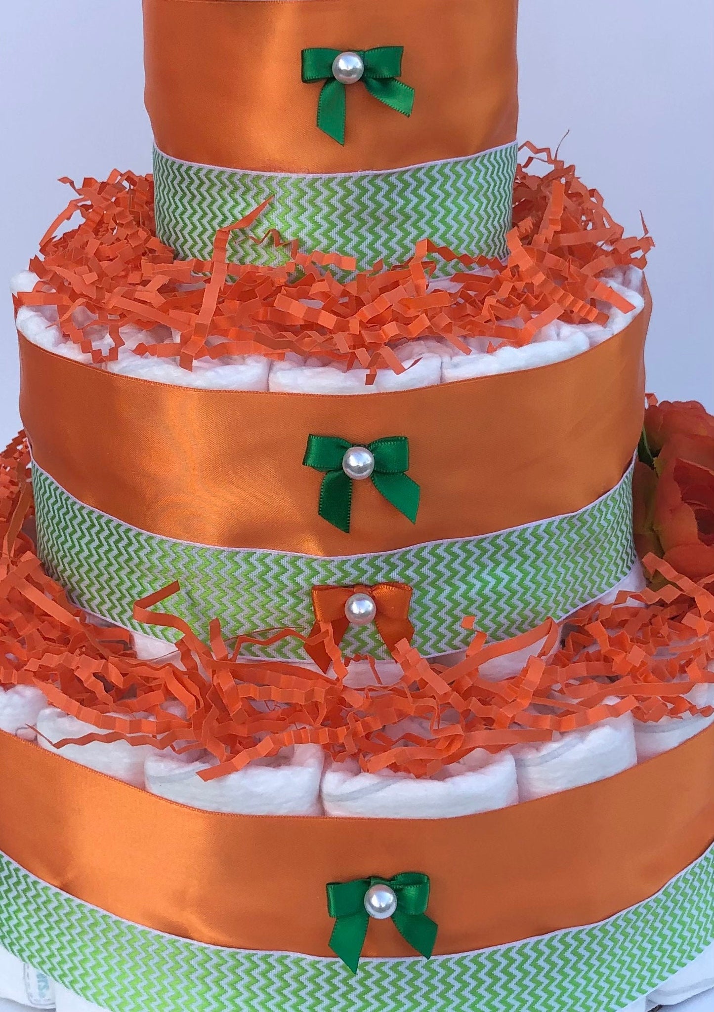 Diaper Cake 3 Tier, Orange/Botanical Style, Unisex, Neutral, Baby Shower Centerpiece Decor Gift, Practical Handmade Gift