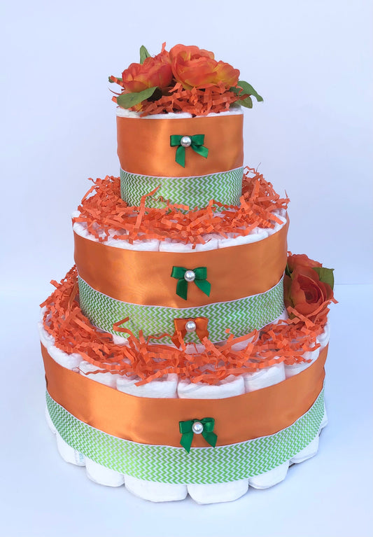 Diaper Cake 3 Tier, Orange/Botanical Style, Unisex, Neutral, Baby Shower Centerpiece Decor Gift, Practical Handmade Gift