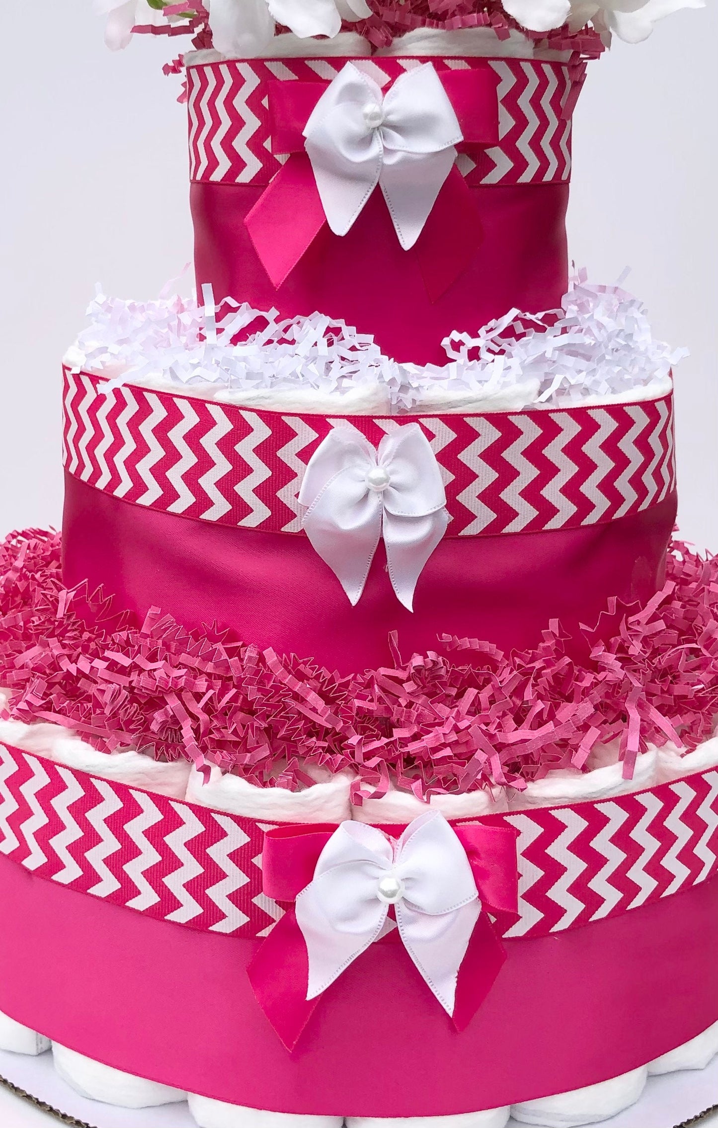 Diaper Cake 3 Tier, Chevron Style, Baby Girl, Baby Shower Centerpiece Decor Gift, Neutral, Practical Handmade Gift