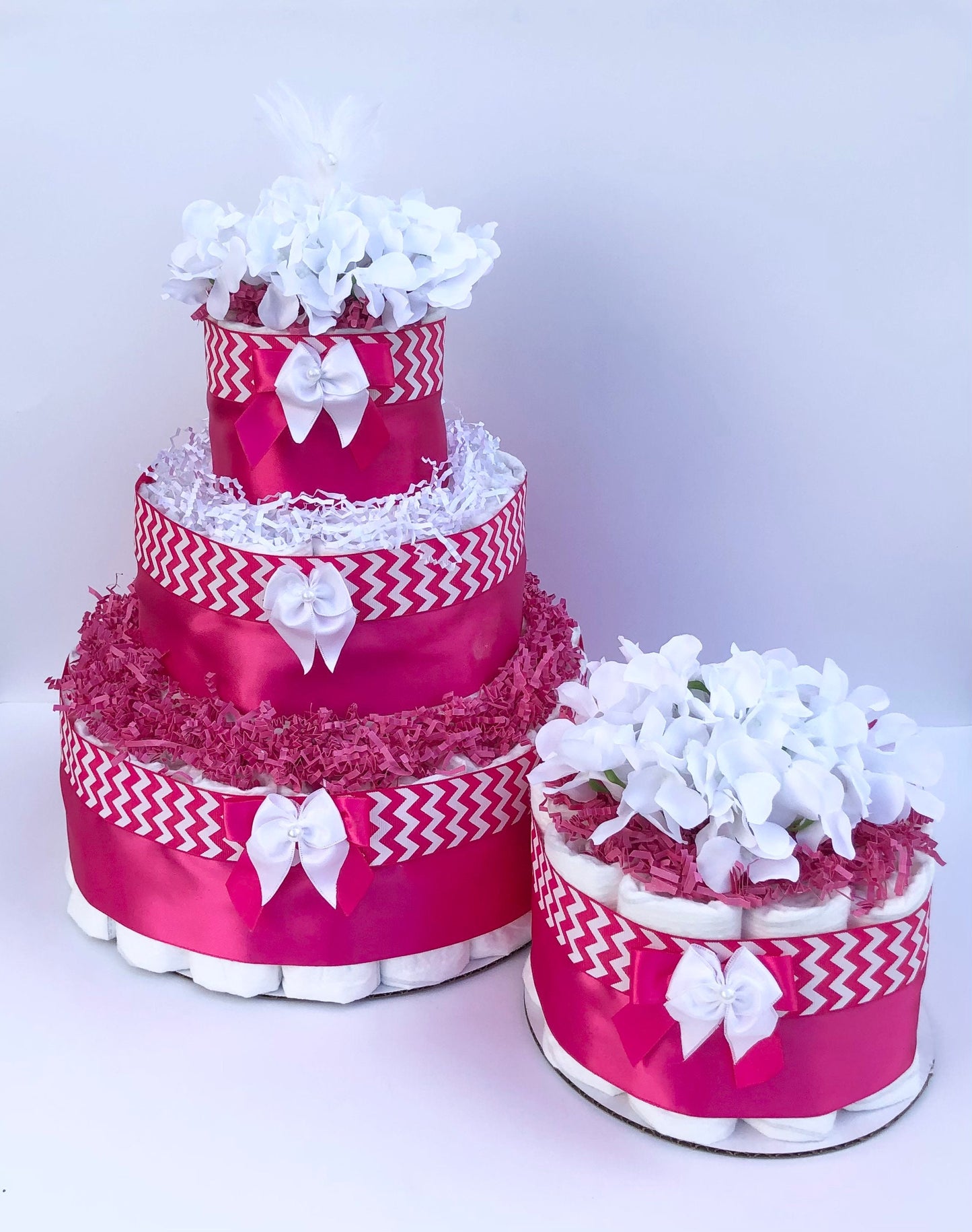 Diaper Cake 3 Tier, Chevron Style, Baby Girl, Baby Shower Centerpiece Decor Gift, Neutral, Practical Handmade Gift