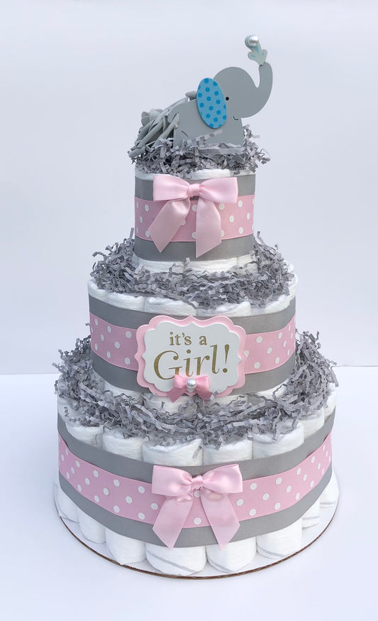 Diaper Cake 3 Tier Cake, Elephant /Jungle Style, Baby Girl, Baby Shower Centerpiece Decor Gift, Neutral,Practical Handmade Gift