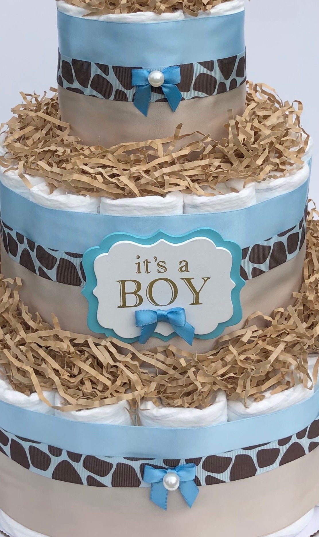 Diaper Cake 3 Tier, Giraffe/Jungle Style, Unisex, Baby Shower Centerpiece Decor Gift, Neutral, Practical Handmade Gift