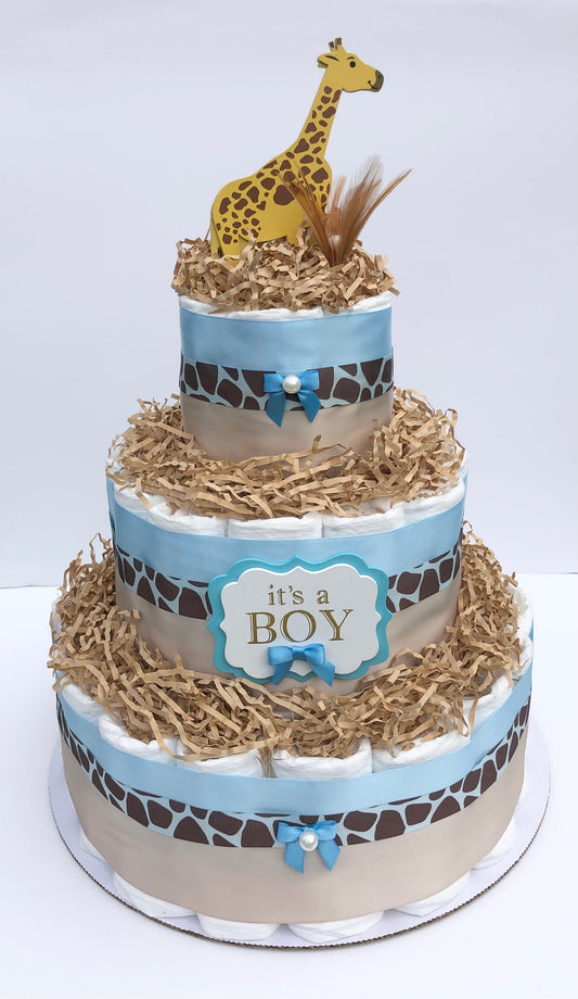 Diaper Cake 3 Tier, Giraffe/Jungle Style, Unisex, Baby Shower Centerpiece Decor Gift, Neutral, Practical Handmade Gift
