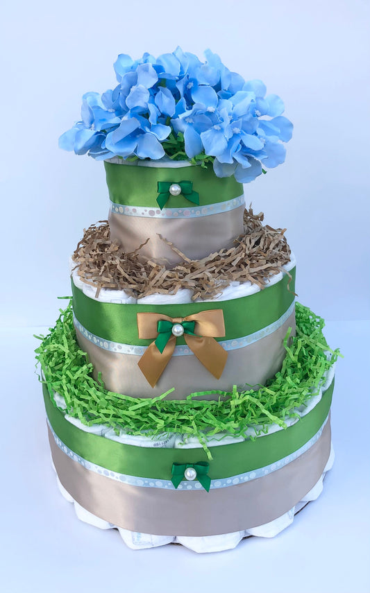 Diaper Cake 3 Tier, Forest/Woodland  Style, Unisex,Neutral,Baby Shower Centerpiece Decor Gift, Practical Handmade Gift