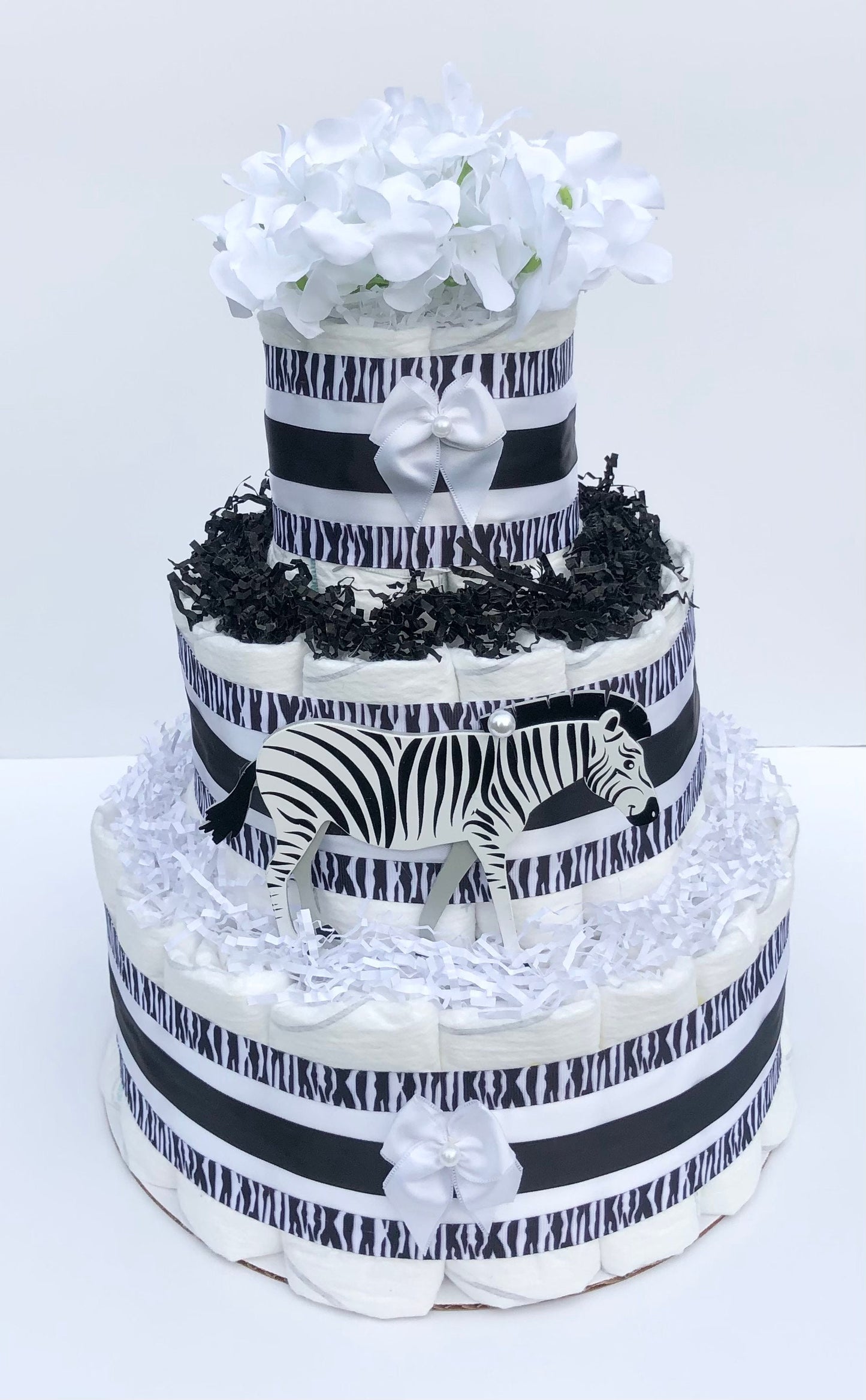 Diaper Cake 3 Tier, Zebra /Jungle Style, Unisex, Neutral,Baby Shower Centerpiece Decor Gift, Practical Handmade Gift