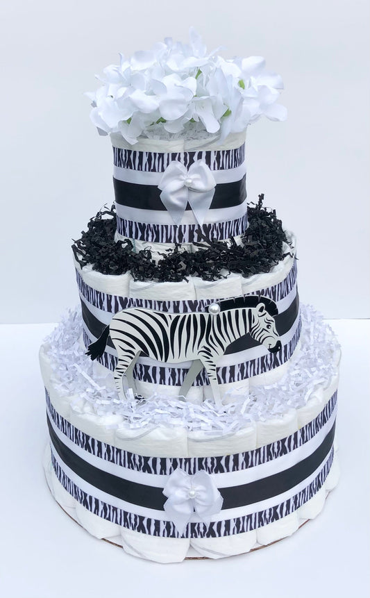 Diaper Cake 3 Tier, Zebra /Jungle Style, Unisex, Neutral,Baby Shower Centerpiece Decor Gift, Practical Handmade Gift