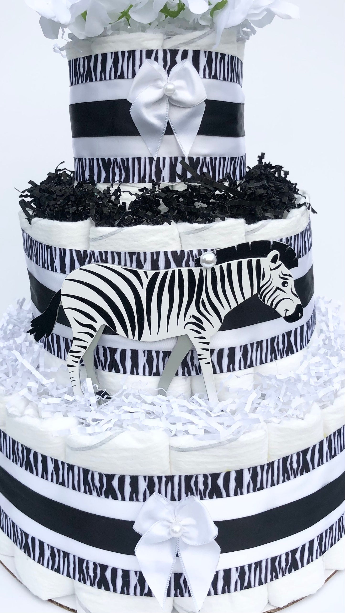 Diaper Cake 3 Tier, Zebra /Jungle Style, Unisex, Neutral,Baby Shower Centerpiece Decor Gift, Practical Handmade Gift