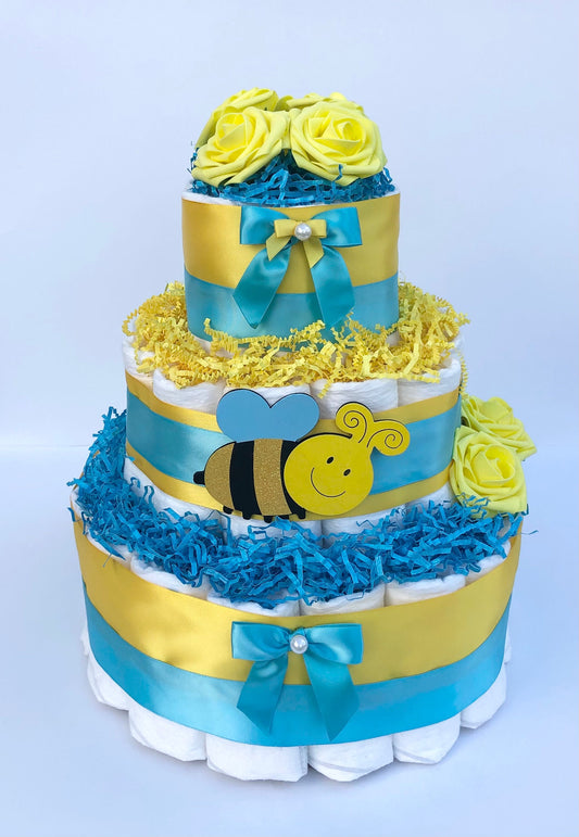 Diaper Cake 3 Tier, Bumble Bee Style, Unisex,Neutral,Baby Shower Centerpiece Decor Gift, Practical Handmade Gift