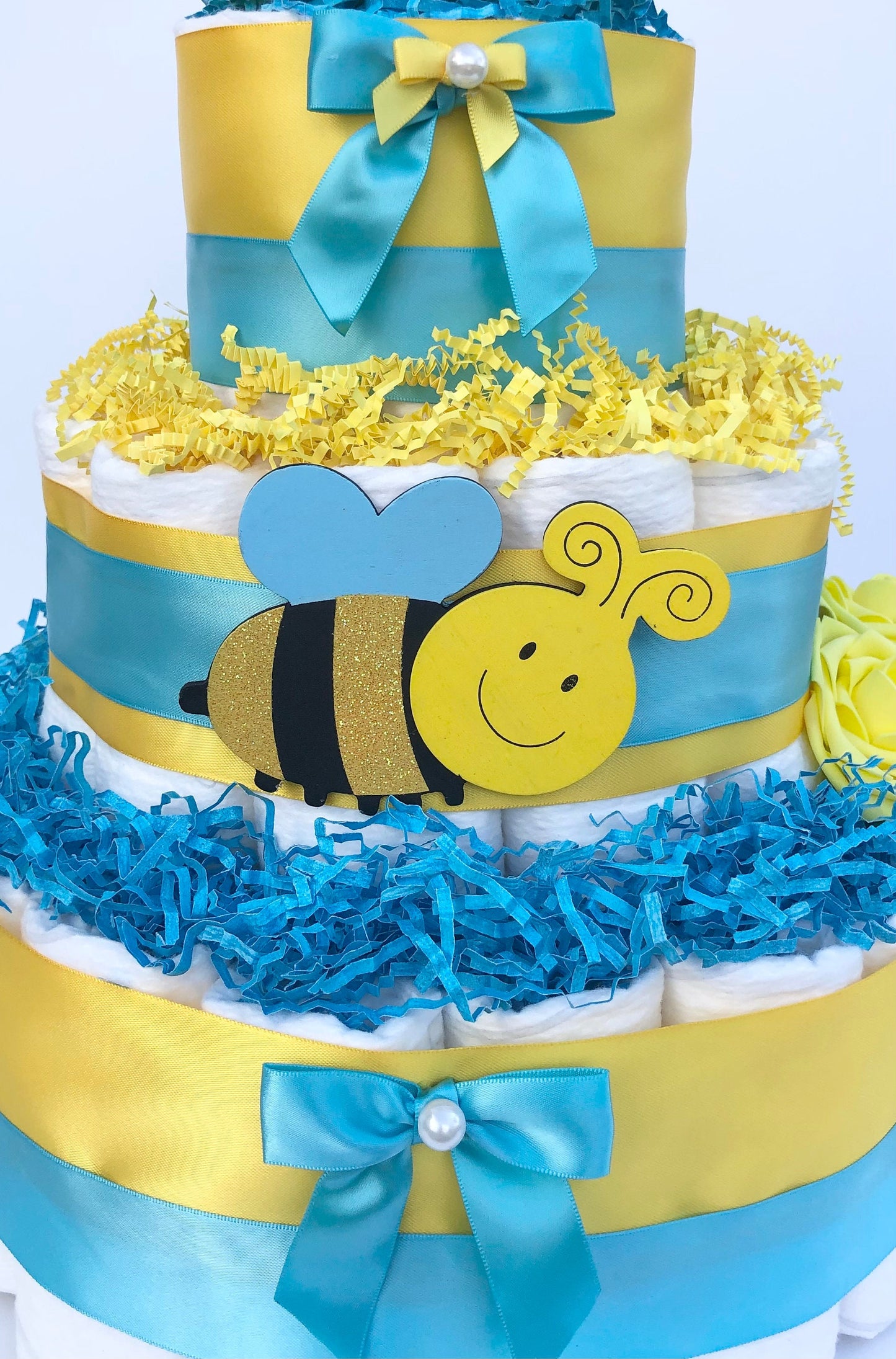 Diaper Cake 3 Tier, Bumble Bee Style, Unisex,Neutral,Baby Shower Centerpiece Decor Gift, Practical Handmade Gift