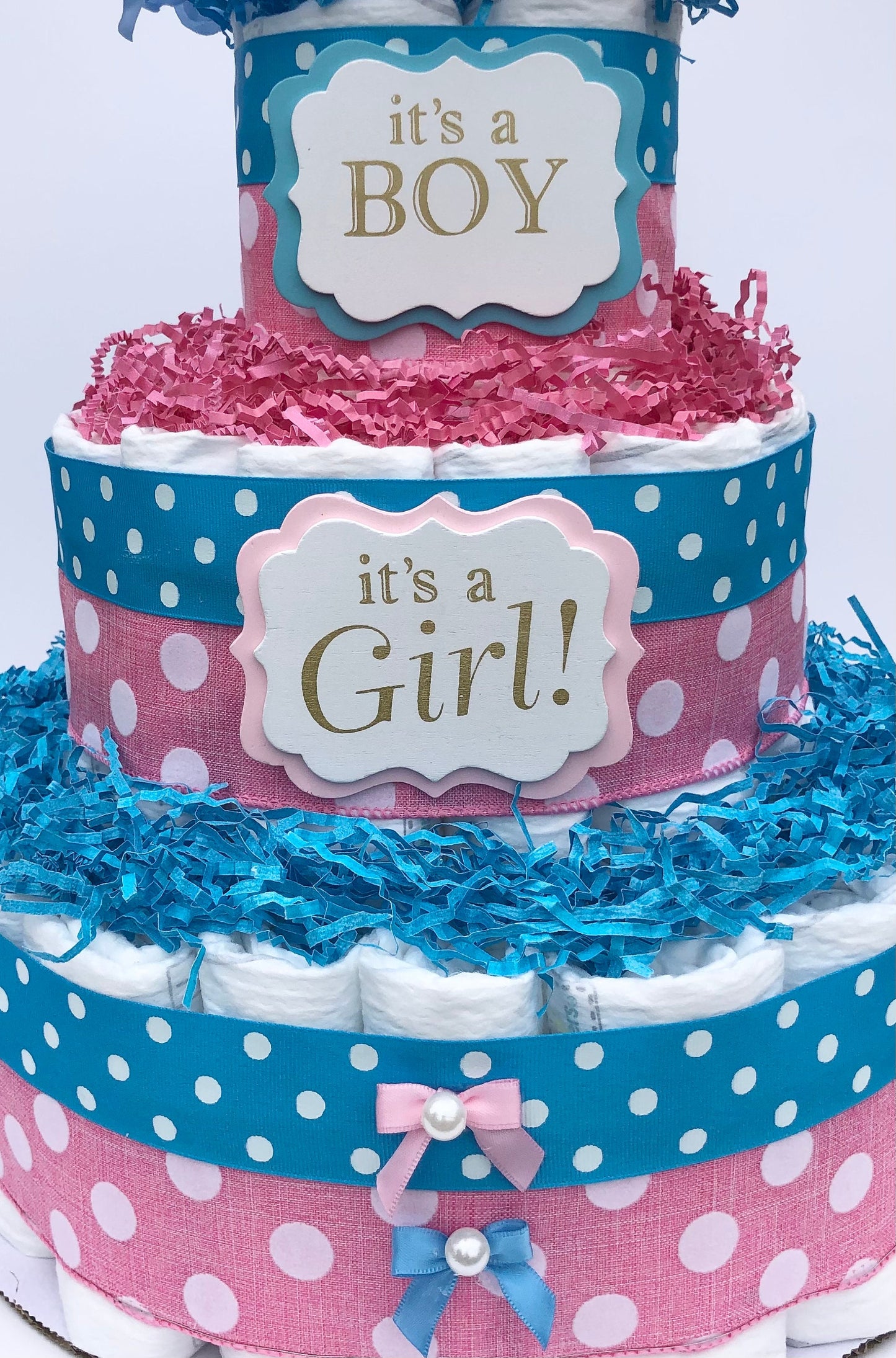 Diaper Cake 3 Tier, Gender Reveal,Polka Dot,Unisex,Neutral,Baby Shower Centerpiece Decor Gift, Practical Handmade Gift