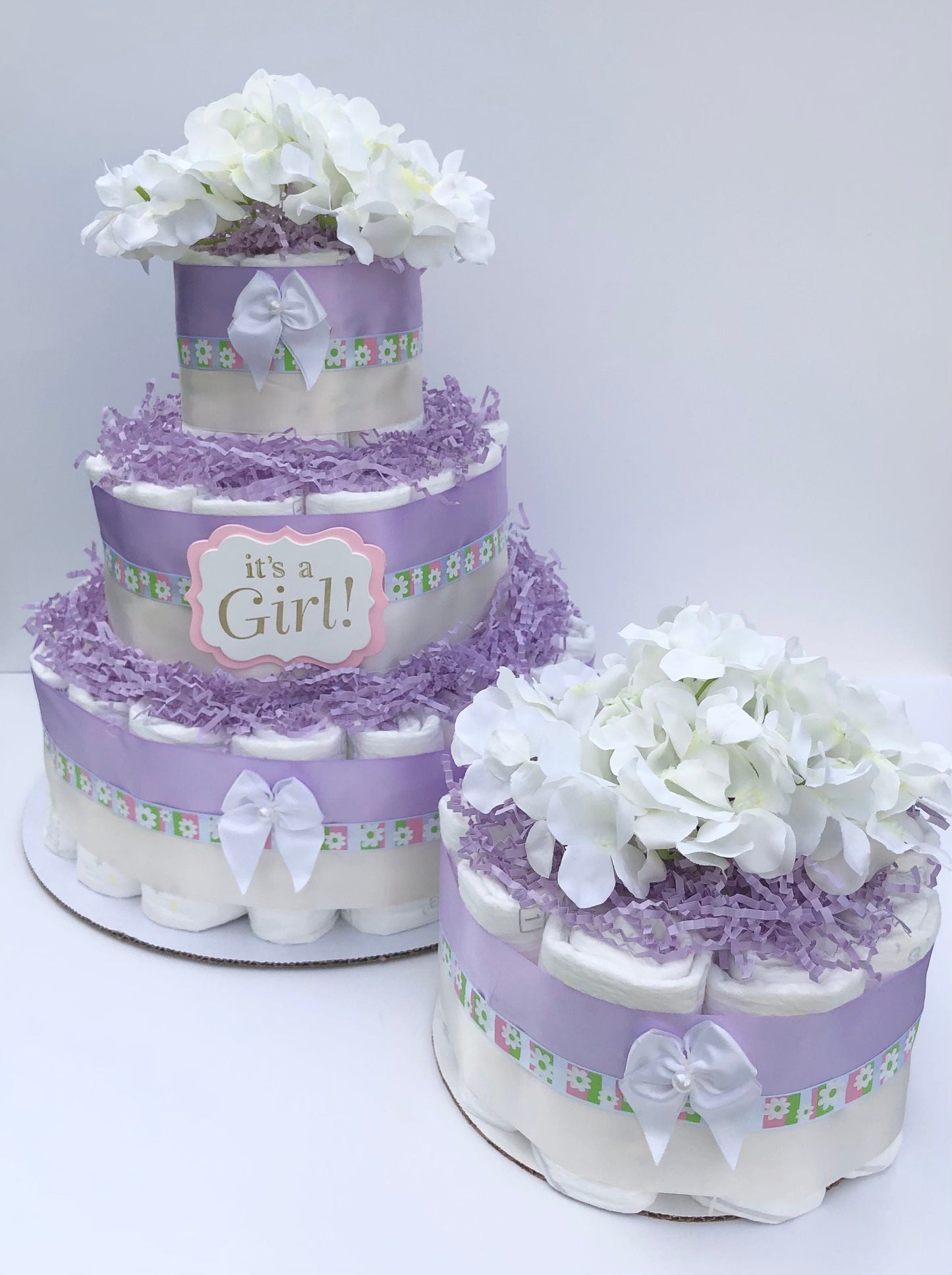 Diaper Cake 1 Tier, Lavender Style, Baby Girl,Baby Shower Centerpiece Decor Gift, Neutral, Practical Handmade Gift