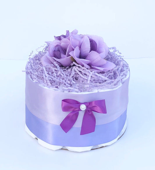 Diaper Cake 1 Tier, Violet Style, Baby Shower Centerpiece Decore Gift, Baby Girl,Neutral,Practical Handmade Gift