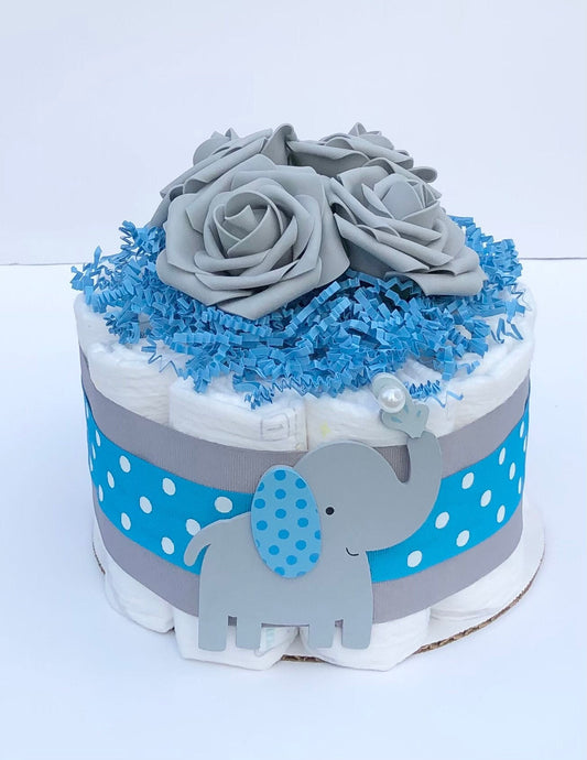 Diaper Cake 1 Tier, Elephant /Jungle Style,Unisex ,Baby Shower Centerpiece Decor Gift, Neutral, Practical Handmade Gift