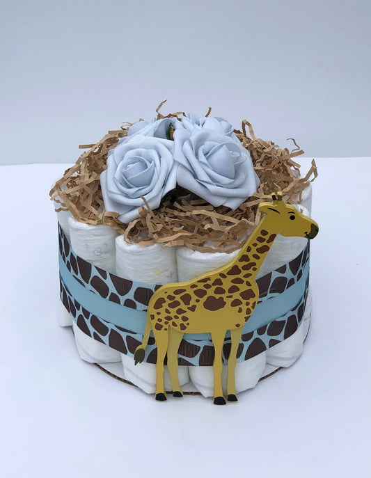 Diaper Cake 1 Tier, Giraffe/Jungle Style, Unisex, Neutral, Baby Shower Gift Centerpiece Decor Gift, Practical Handmade Gift
