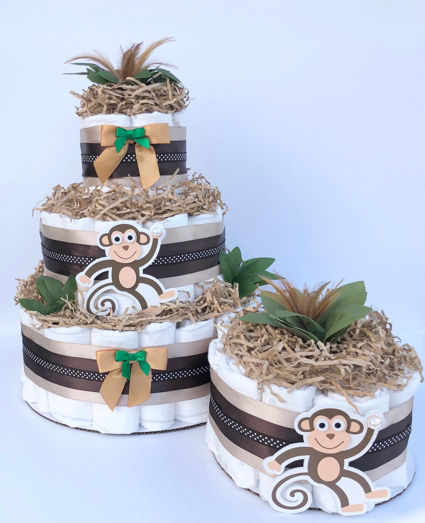 Diaper Cake 1 Tier, Monkey/ Jungle Style, Unisex, Neutral,Baby Shower Centerpiece Decor Gift, Practical Handmade Gift