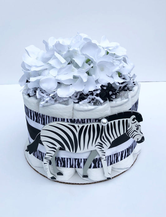 Diaper Cake 1 Tier, Zebra/Jungle Style, Unisex, Neutral,Baby Shower Centerpiece Decor Gift, Practical Handmade Gift