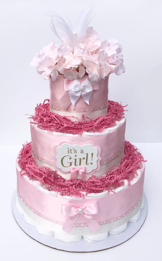 Diaper Cake 3 Tier, Pastel Pink Style,Baby Girl, Baby Shower Centerpiece Decor Gift,Neutral, Practical Handmade Gift