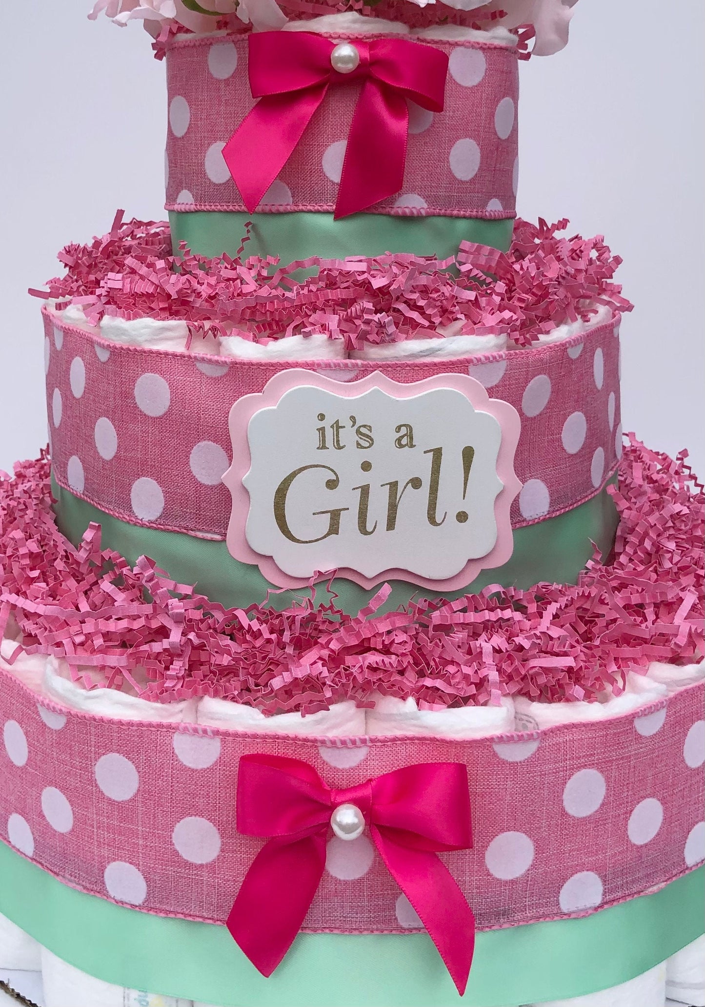 Diaper Cake 3 Tier, Polka Dot/ Classic Style, Baby Girl, Baby Shower Centerpiece Decor Gift, Neutral, Practical Handmade Gift