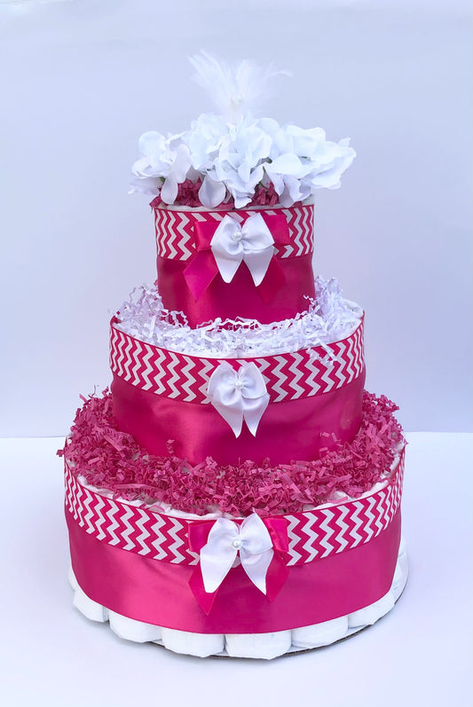 Diaper Cake 3 Tier, Chevron Style, Baby Girl, Baby Shower Centerpiece Decor Gift, Neutral, Practical Handmade Gift