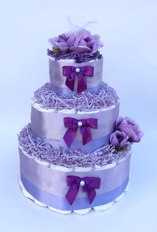 Diaper Cake 3 Tier, Violet Style, Baby Girl, Baby Shower Centerpiece Decor Gift,Neutral, Practical Handmade Gift