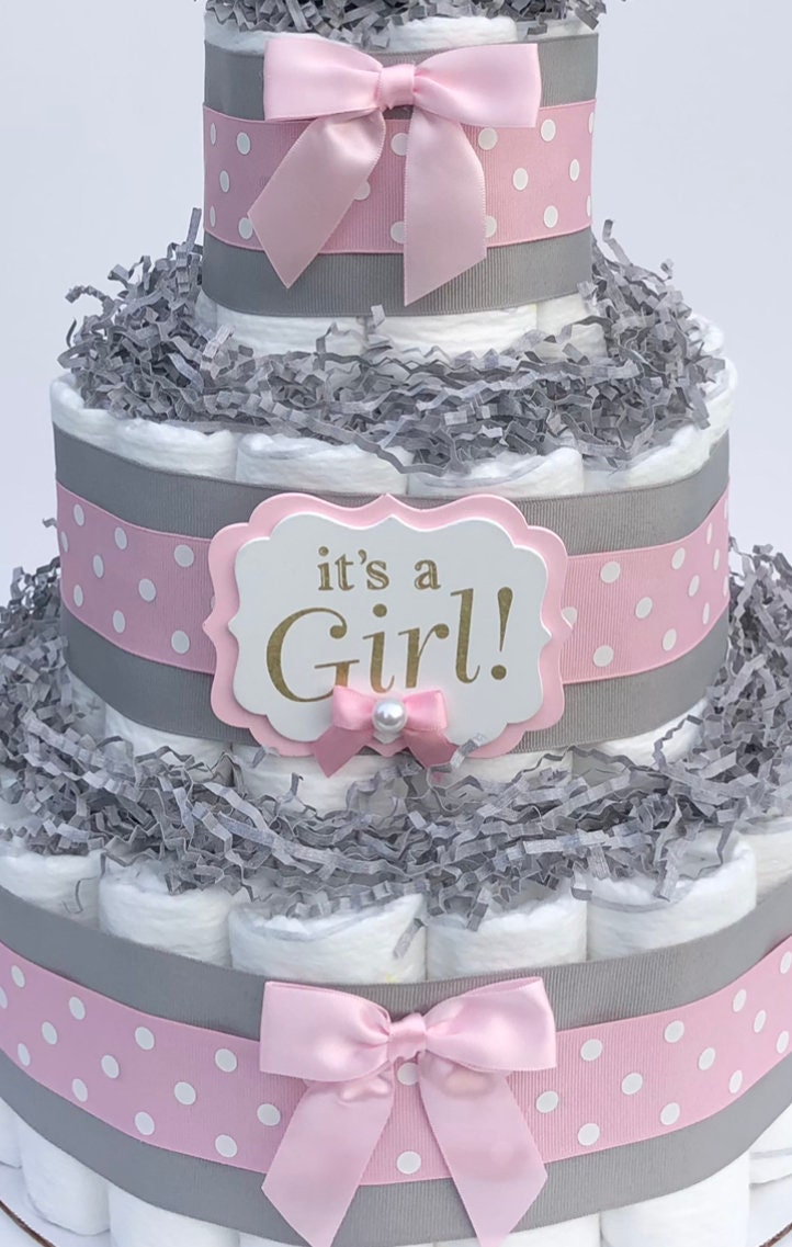 Diaper Cake 3 Tier Cake, Elephant /Jungle Style, Baby Girl, Baby Shower Centerpiece Decor Gift, Neutral,Practical Handmade Gift