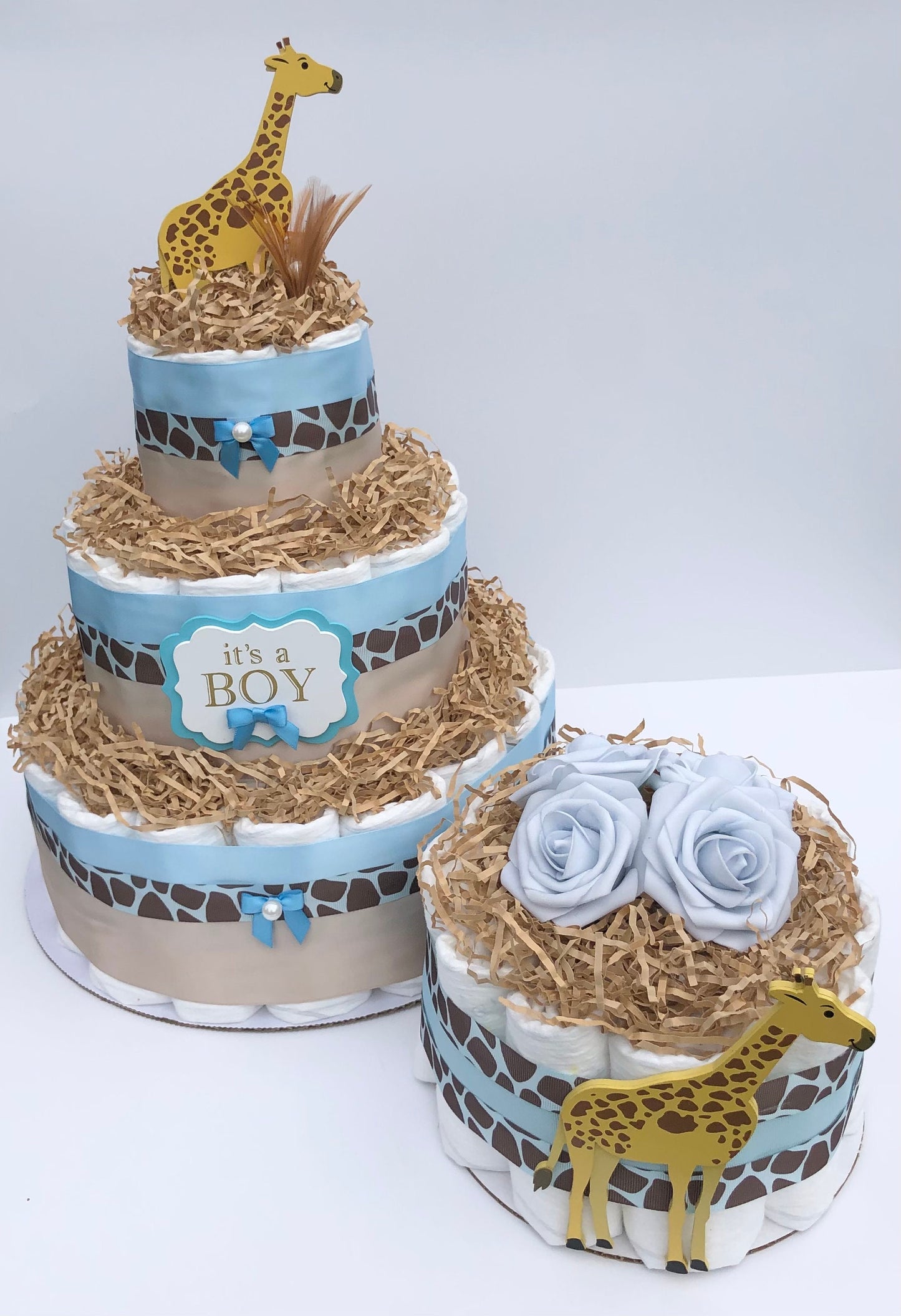 Diaper Cake 3 Tier, Giraffe/Jungle Style, Unisex, Baby Shower Centerpiece Decor Gift, Neutral, Practical Handmade Gift