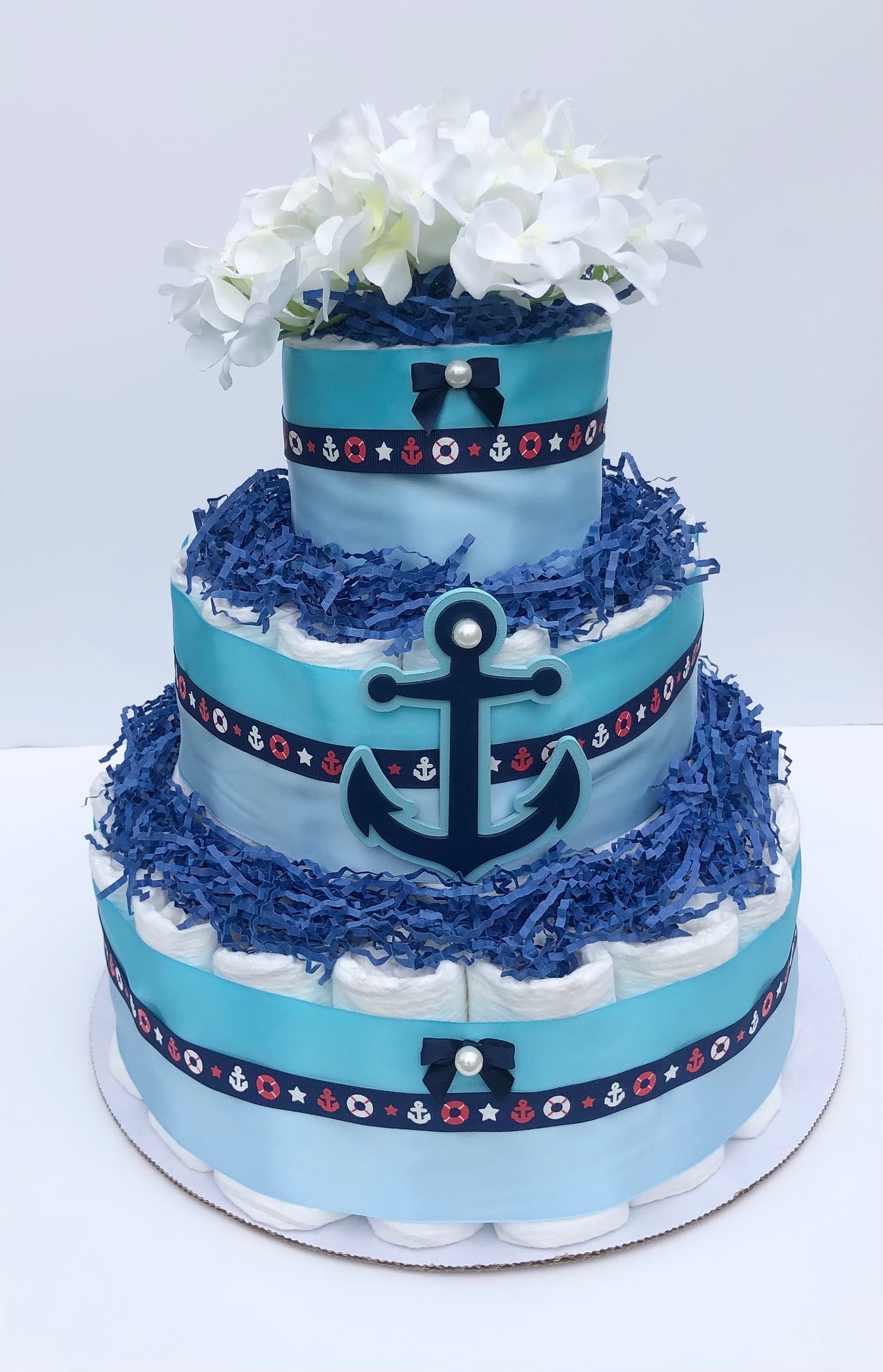 Diaper Cake 3 Tier, Anchor Style, Unisex, Baby Shower Centerpiece Decor Gift, Neutral, Practical Handmade Gift