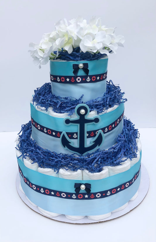 Diaper Cake 3 Tier, Anchor Style, Unisex, Baby Shower Centerpiece Decor Gift, Neutral, Practical Handmade Gift