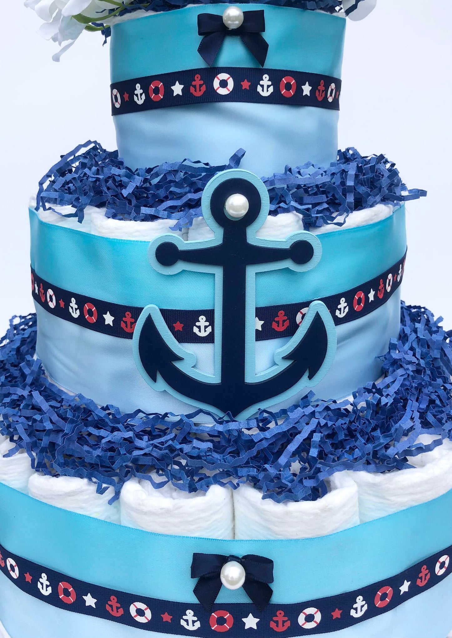Diaper Cake 3 Tier, Anchor Style, Unisex, Baby Shower Centerpiece Decor Gift, Neutral, Practical Handmade Gift