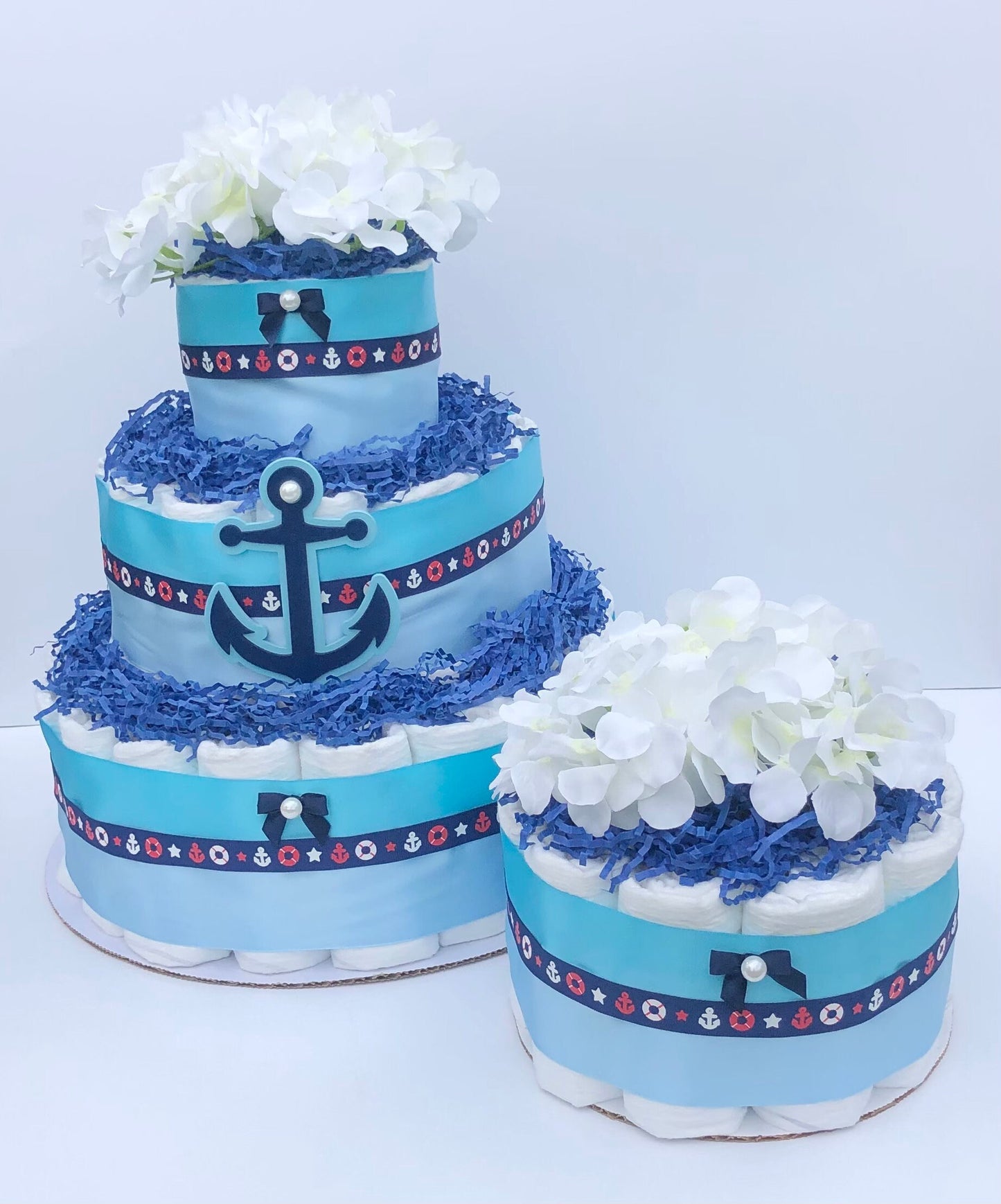 Diaper Cake 3 Tier, Anchor Style, Unisex, Baby Shower Centerpiece Decor Gift, Neutral, Practical Handmade Gift